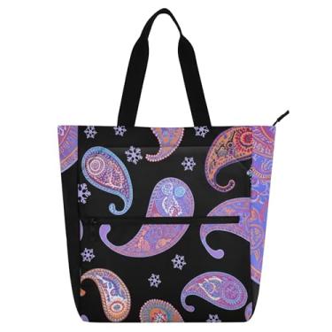 Imagem de GAIGEO Sacolas femininas coloridas roxas Paisley pretas para trabalho, lona, faculdade, escola, bolsas de tecido com compartimentos