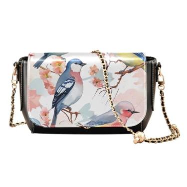 Imagem de Bolsa tiracolo quadrada com azul floral PU para mulheres, bolsa de ombro de couro sintético, bolsa de ombro transversal de couro, Aquarela representando pássaro-2, One Size