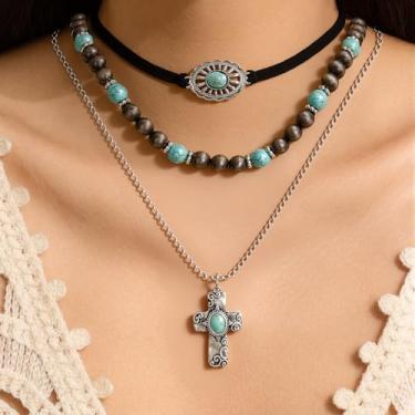 Imagem de Colar com pingente de imitação de turquesa, colar em camadas empilhadas, colar de pedra de cristal colorido para mulheres, Large, Metal metal Imitação de turquesa, imitação de cristal