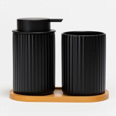 Imagem de Kit Banheiro/Lavabo 3 Peças de Porcelana e Bambu, Dispenser de Sabonete Líquido e Porta Escova (Preto)