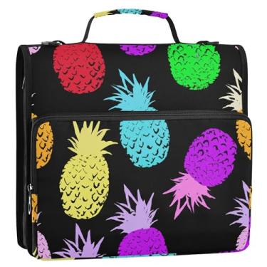 Imagem de Fichários de tecido de 3,8 cm, 3 anéis, abacaxi, cores pretas, fichário, organizador com zíper, pasta de armazenamento com alça para fichário escolar com alça de ombro