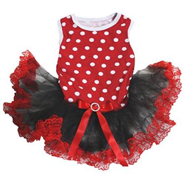 Imagem de Petitebella Roupa para cachorro vestido liso vermelho branco bolinhas top preto tutu de renda (PP, vermelho)