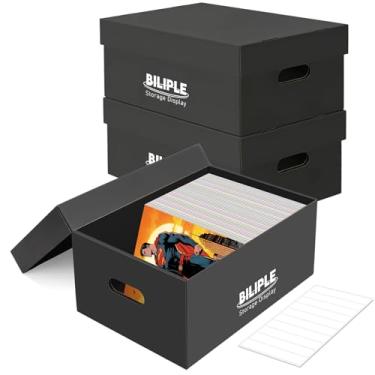 Imagem de Pacote com 3 caixas de armazenamento de quadrinhos 40 cm x 18 cm x 27 cm, caixa de quadrinhos de papelão grossa com tampas, comporta 150 a 175 quadrinhos, caixa organizadora empilhável para colecionar
