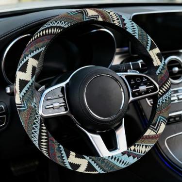 Imagem de Ongfuwu Capa de volante de carro boho, protetor de volante, estilo étnico, boémia, antiderrapante, respirável, linho, capa para rodas automotivas, serve para 38 cm, acessórios interiores universais