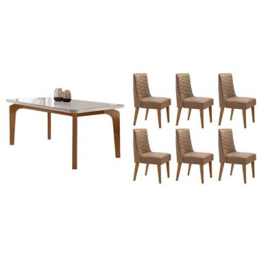 Imagem de Sala Jantar Mesa Londrina Tampo c/ Vidro Curvo 180cm+6 Cadeiras Dafne Madeira Naturale/Off White - Capuccino/Suede Capuccino - Rufato