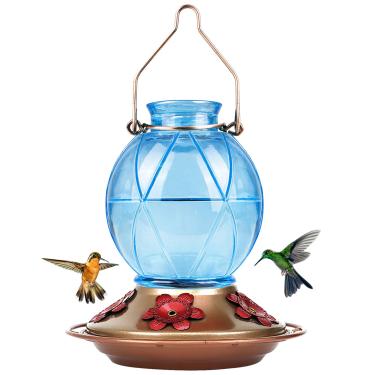 Imagem de BOLITE Alimentadores de beija-flor para pendurar ao ar livre, alimentadores de beija-flor de vidro 18016B, garrafa em forma de bola com textura de rede, 590 ml, azul