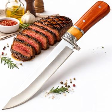 Imagem de Faca Artesanal Premium Aço Inoxidável para Churrasco, Lâmina Full Tang Anti-Corrosiva e Cabo de Madeira de Carvalho