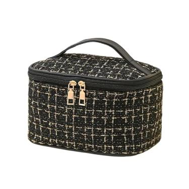 Imagem de Necessaire Feminina em Tweed para Viagem – Bolsa Elegante de Maquiagem com Zíper(PRETO)