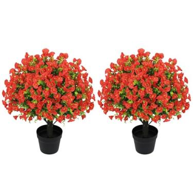 Imagem de Aoutyers Conjunto de 2 plantas artificiais de eucalipto artificial de 61 cm – Vegetação sintética resistente a UV com flores falsas de seda vermelha em vasos de cimento para decoração de varanda e