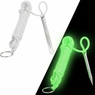 Imagem de Soulchen 2 peças 3,5 m 250 kg Paracord que brilha no escuro suporte de pesca com espiga de peixe de aço inoxidável e anel dividido de 2,5 cm (branco, brilho em azul)