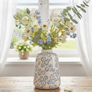 Imagem de Vaso de cerâmica vintage, vaso decorativo floral chinoiserie azul e branco, rústico retrô fazenda acabamento rachado vasos para flores, decoração de casa, sala de estar, centros de mesa, escritório
