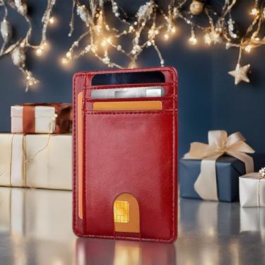 Imagem de Carteira fina para homens e mulheres, bolso frontal minimalista com bloqueio de RFID, porta-cartão de crédito, Cera de óleo - vermelha (PU), 1 Count (Pack of 1), Slim