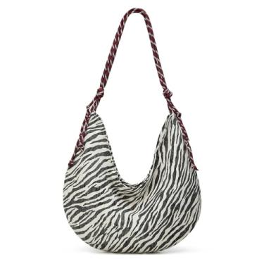 Imagem de Sacola feminina com listras de zebra, bolsa de ombro despojada, bolsa tiracolo ajustável, bolsa crescente, trabalho, faculdade, Preto, Medium