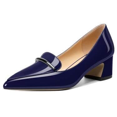 Imagem de Soireelady Sapato social feminino salto baixo grosso, bico fino, salto mocassim sem cadarço 5 cm, Azul marino, 38