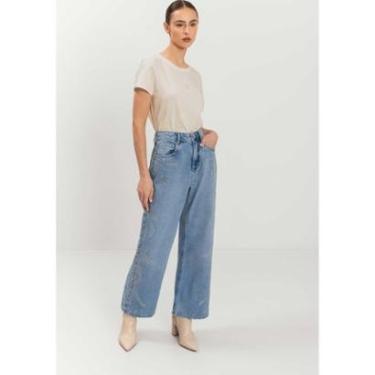 Imagem de Calça Wide Leg Jeans Cropped Com Aplicações De Strass-Feminino