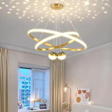 Imagem de Luminária pendente moderna para mesa de jantar com controle remoto - Lustre regulável para escritório, sala de jantar e iluminação de teto (dourado, 2 anéis)