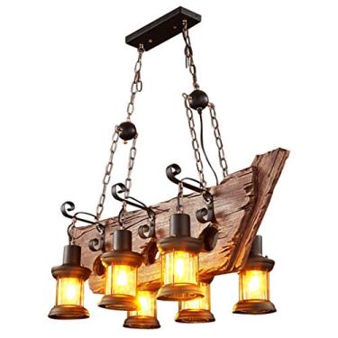Imagem de Luminária pendente retrô de madeira, estilo industrial loft, para bar, sala de estar, cozinha e quarto, em metal com soquete E27. Lustre vintage antigo de metal, vidro e madeira, com 8 lâmpa