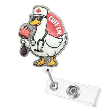 Imagem de Cuff' Em Goose Badge Reel Funny ID Card Nurse Badge Clip com clipe retrátil Bonito suporte de crachá de ganso para RN CNA LPN MA trabalhador médico estudante professor de enfermagem | com cordão de
