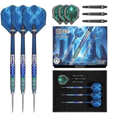 Imagem de Conjunto de dardos de ponta de aço Celt Merlin - Conjunto de dardos profissional feito à mão com 95% de barris de tungstênio e voos feitos na Nova Zelândia, dardos de ponta de aço para alvo de cerdas