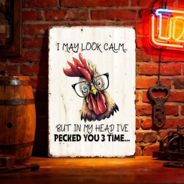 Imagem de 1 peça de arte de parede de metal animal engraçado - citação sarcástica de frango enferrujado placas de lata para decoração de bar e caverna masculina, vermelho