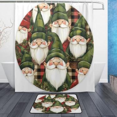 Imagem de xigua Gnomos de Natal fofos conjuntos de tapetes de cortina de banho 2 peças, conjunto de tema de banheiro (152 x 182 cm) com cortina de chuveiro e tapete antiderrapante -12 ganchos437