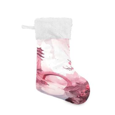 Imagem de Qilmy Lindas meias de Natal de flores de cerejeira, 2 peças, meias grandes de Natal, decorações de presente e suprimentos de festa, usadas para decoração de lareira meias de decoração de árvore de