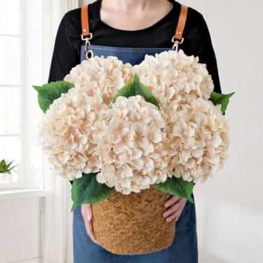 Imagem de JINWOE 5 peças de flores artificiais de hortênsia de seda, 50 cm, café leve, grandes flores realistas, hortênsias artificiais de Halloween para mesa de buquê, arranjos florais em casa e casamento