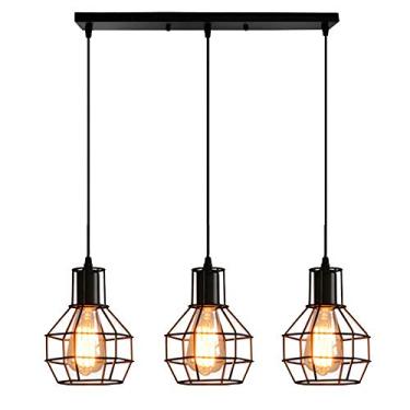 Imagem de Luminária de teto vintage preta, pendente com 3 chamas, design retrô industrial com soquete E27 e base de montagem de 50 cm - Luminária pendente para cozinha/sala de jantar/mesa de jantar.