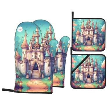 Imagem de Conjunto clássico de luvas de forno estampadas em castelo, conjunto de 4 peças adequado para grelhar, cozinhar e assar