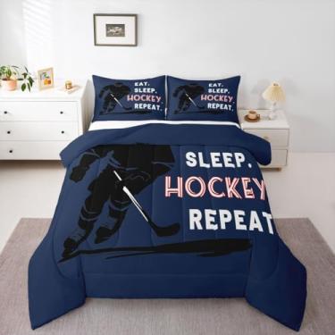 Imagem de Feelyou Jogo de cama macio para meninos e meninas, jogo esportivo, solteiro, para amantes de hóquei no gelo, edredom com bola de jogos, decoração de quarto, azul marinho, 2 peças com 1 fronha