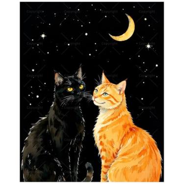 Imagem de Kit de pintura de gatos iluminados pela lua por números para adultos - Pintura de cena noturna de gatinho preto e laranja DIY em tela, conjunto de tinta acrílica, adequado para iniciantes, arte para