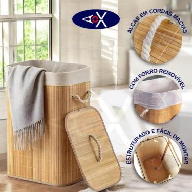 Imagem de Cesto Organizador de Bambu Forrado com Tampa Para Guardar Brinquedos o