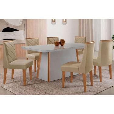 Imagem de Conjunto: Mesa Sala Jantar Tilia Curvo 180cm + 6 Cadeiras Pietá Naturale/Off White - Linho Bege - Rufato