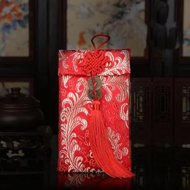 Imagem de Envelope vermelho de seda, bolso vermelho chinês, dinheiro da sorte, cartão Hong Bao, envelope para festival de primavera, casamento, ano novo, aniversário, com pingente de jade de nó chinês, moeda de