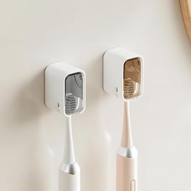 Imagem de 2 peças de suportes de escova de dentes montados na parede com tampa - suporte elétrico de escova de dentes para banheiro chuveiro parede e espelho, compartimento único à prova de poeira organizador