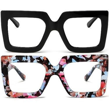 Imagem de AIEYEZO Óculos De Sol Quadrados Grandes Com Luz Azul Para Mulheres, Óculos De Armação Grande E Fofos, Óculos De Computador Multicoloridos E Transparentes Da Moda (Preto + Flor)