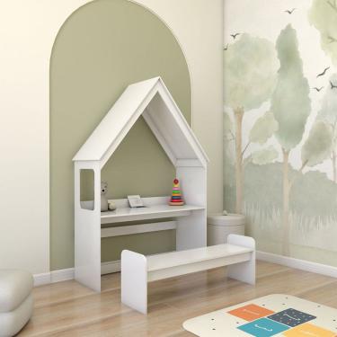Imagem de Mesa Infantil Casinha Montessoriana com Banco 100% Mdf Branco Brilho - Panorama Móveis