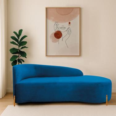 Imagem de Divã Recamier Orgânico França 140cm Lado Dir Pés Madeira Linho Azul Royal