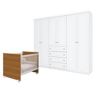 Imagem de Berço Nacional Mel Branco Savana - Reller e Guarda Roupa Casal Americano 6 Portas Branco HP - Henn