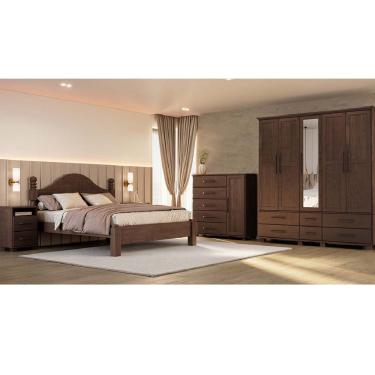 Imagem de Conjunto Quarto Ouro Café: Guarda-Roupa 5 Portas, Cama Casal, Cômoda Sapateira e 2 Mesas Cabeceiras Madeira Pinus