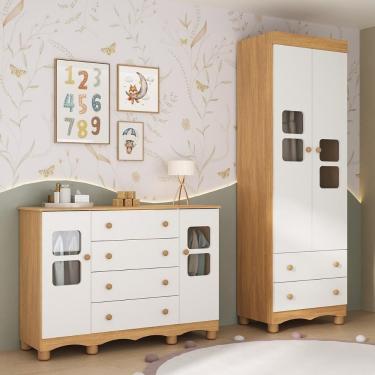 Imagem de Quarto De Bebê Completo Com Guarda-roupas 2 Portas E Cômoda Luna Multimóveis Mp4799 Madeirado/branco