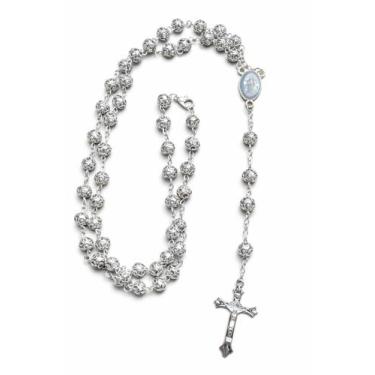 Imagem de Terço Colar Nossa Senhora Aparecida Contas Formato Rosas Prateadas 8mm