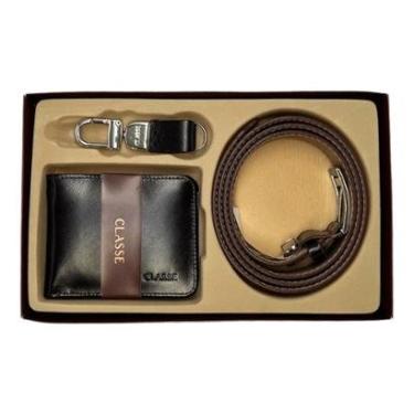 Imagem de Kit Carteira Cinto Chaveiro Classe Couro Legítimo Masculino Social 173 Preto-Masculino