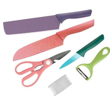 Imagem de Conjunto Completo 6 Peças Facas Coloridas Antiaderentes Com Tesoura E Ralador
