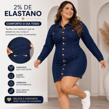 Imagem de Vestido Jeans Feminino Plus Size Botões Manga Longa Curto Cor:AzulTama