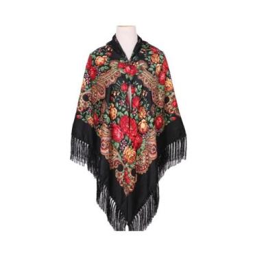 Imagem de Lenço Quadrado Russo Feminino 160x160cm Com Estampa Floral E Borlas, X