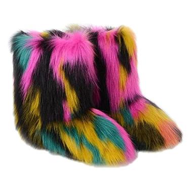 Imagem de TangDao Botas coloridas de pele sintética para mulheres, felpudo, felpudo, bico redondo, camurça, inverno, confortável, pelúcia, quente, curto, botas de neve, botas de cano médio para