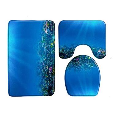 Imagem de Tapete de banho de água do mar oceano azul tapete de banheiro conjunto de 3 peças fundo do mar animal peixe flanela antiderrapante almofada em forma de u conjuntos de decoração de banho de banheiro, 33653J,400MMx600MM