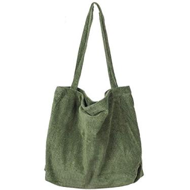 Imagem de Etercycle Bolsa feminina de veludo cotelê, bolsas casuais, bolsa de ombro de compras de grande capacidade com bolso, Verde militar, 43 cm (L) x 11 cm (W) x 37 cm (H), Durável