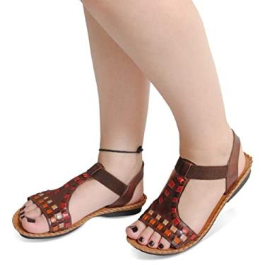 Imagem de Sandalia de Couro Conforto Feminina Calce Facil Elastico Detalhes Coloridos Super Macia Trabalho Tamanho:34;Cor:Marrom;Gênero:Feminino;Departamento BS:Esporte